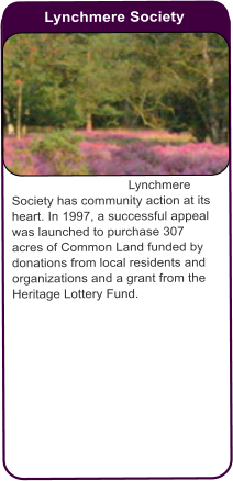 Lynchmere Society  Lynchmere Society has community action at its heart. In 1997, a successful appeal was launched to purchase 307 acres of Common Land funded by donations from local residents and organizations and a grant from the Heritage Lottery Fund.